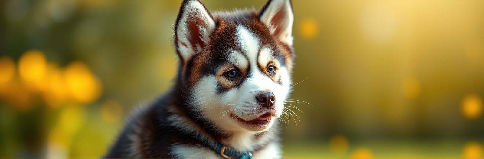 Happy Puppy Portrait: Adorable Siberian Husky Close-Up in Nature with Playful Expression and Golden Hour Light